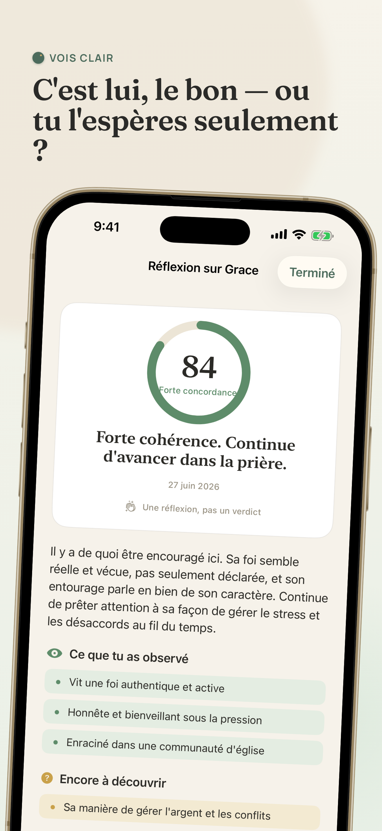 L'application Discern montrant une réflexion priante sur une personne rencontrée